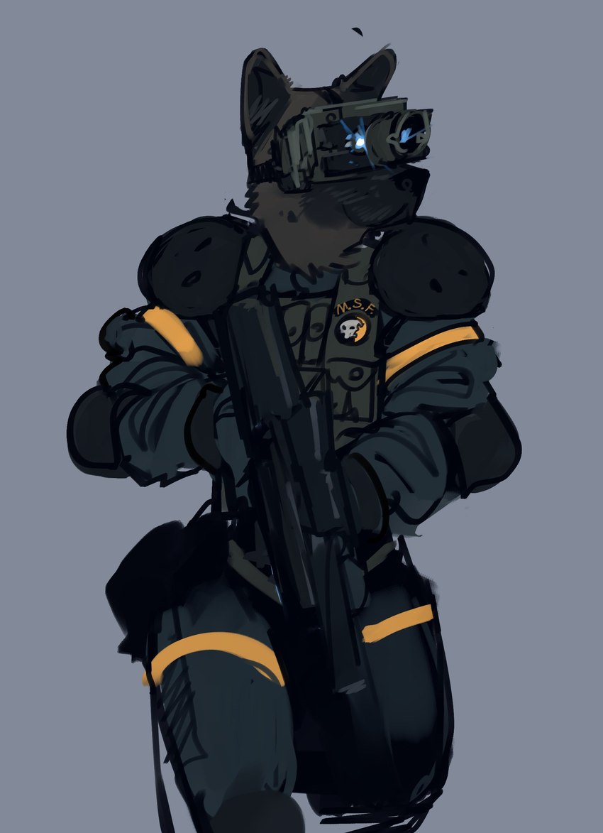 anthro armor clothing elbow_pads gloves gun handwear male night_vision_goggles ranged_weapon rifle shoulder_pads simple_background solo weapon pochowek konami metal_gear canid canine canis domestic_dog mammal absurd_res hi_res