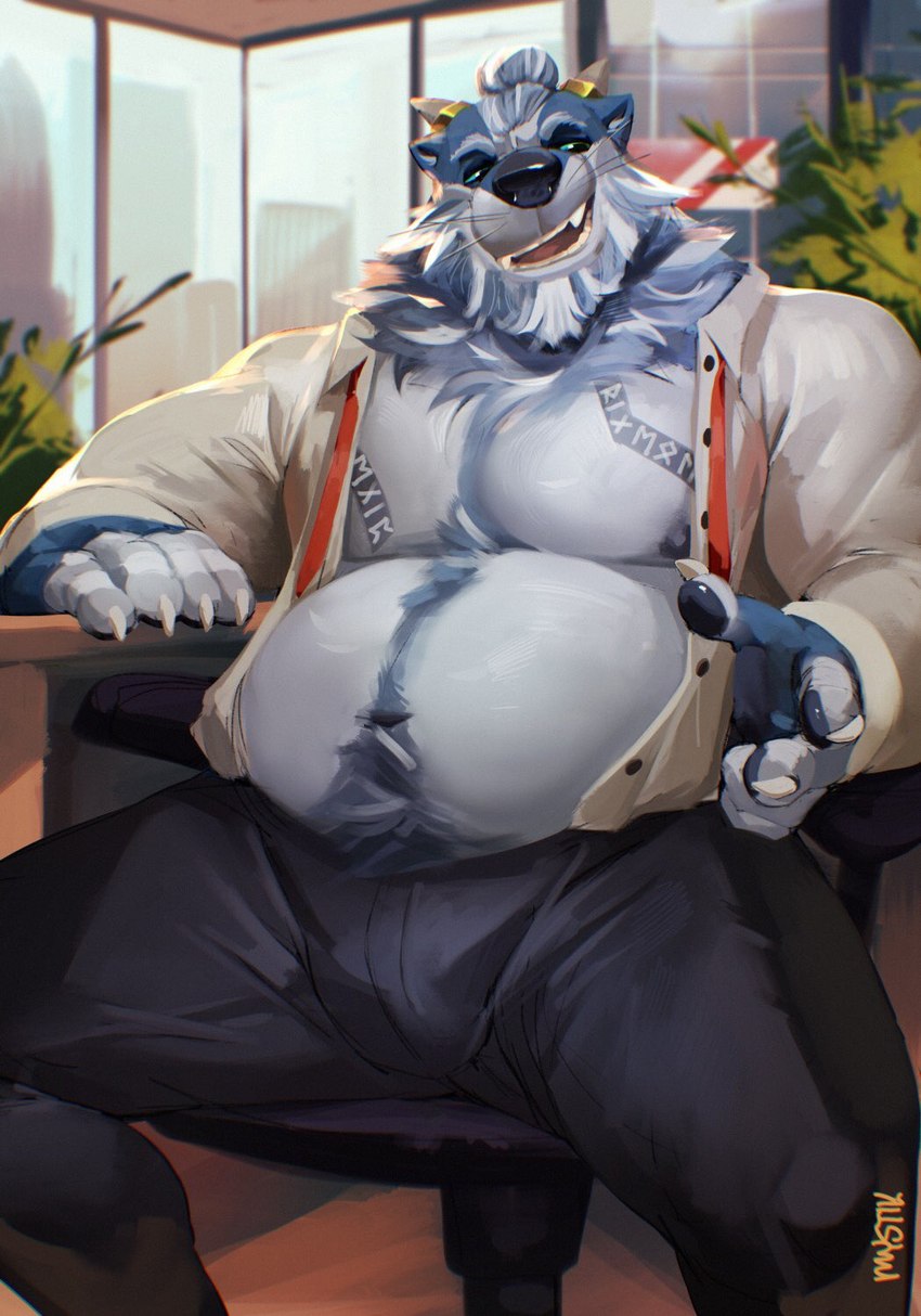 anthro beard belly big_belly blue_body blue_eyes blue_fur body_hair bulge claws clothed clothing facial_hair finger_claws fur grey_body grey_fur hair happy_trail horn inside male mature_male musclegut muscular navel neck_tuft nipples open_clothing open_shirt open_topwear overweight overweight_anthro overweight_male pawpads runes shirt solo tied_hair topwear tuft mystikfox61 howlitebadger badger hybrid mammal mustelid musteline 2021 hi_res