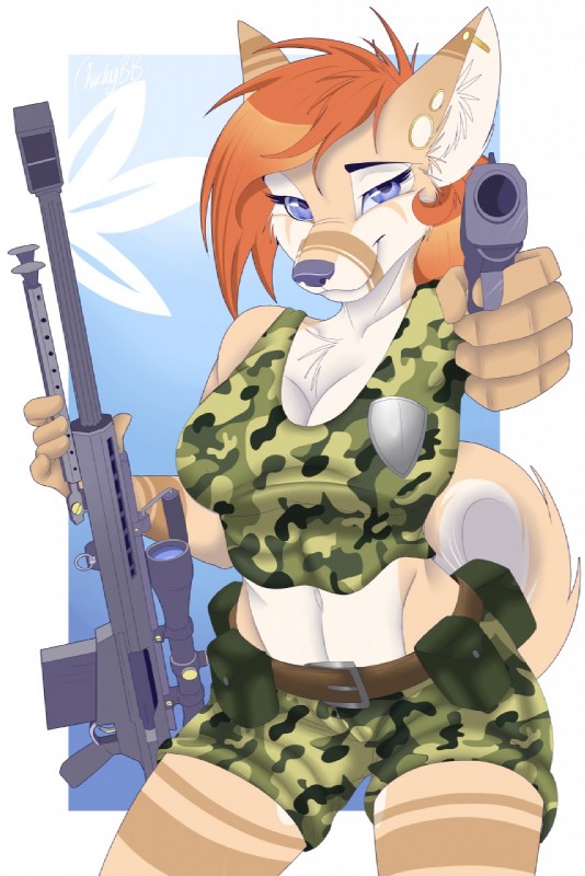 anthro belt big_breasts biped breasts chest_tuft clothed clothing eyebrows eyelashes facial_markings female fully_clothed fur gun hair handgun head_markings holding_gun holding_object holding_ranged_weapon holding_weapon looking_at_viewer markings pistol ranged_weapon rifle solo tuft weapon mistydash canid canine canis domestic_dog mammal character_request hi_res