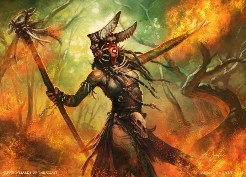 action_pose black_hair bone clothed clothing female fire hair long_hair magic magic_user melee_weapon not_furry orange_eyes plant polearm pose shaman skull solo staff tattoo tree tribal_spellcaster weapon jason_chan hasbro magic:_the_gathering wizards_of_the_coast rakka_mar human mammal 2008 official_art