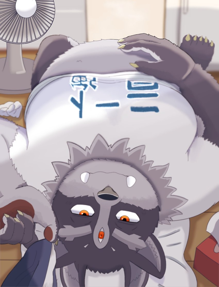 3_eyes anthro belly bottomless clothed clothing electric_fan eyebrows fur grey_body grey_fur looking_at_viewer lying male multi_eye neck_tuft on_back overweight overweight_male solo thick_eyebrows tuft tusks inugamihito lifewonders tokyo_afterschool_summoners tsathoggua_(tas) monster hi_res