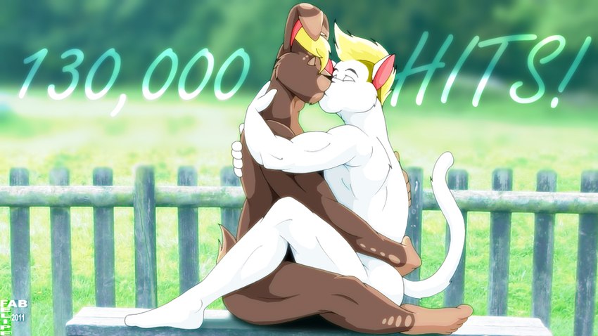 5_fingers anthro bench black_nose blonde_hair blurred_background brown_body brown_fur button_ears day duo eyebrows eyes_closed fence fingers floppy_ears fur grass hair hand_on_back hug hugging_another kiss_on_lips male markings mohawk nude_anthro nude_male on_bench outside pink_inner_ear plant rabbit_ears raised_tail scut_tail short_tail sitting sitting_on_bench spots spotted_body spotted_fur tail white_body white_fur fabfelipe fabfelipe_(character) domestic_cat felid feline felis lagomorph leporid mammal rabbit 2011