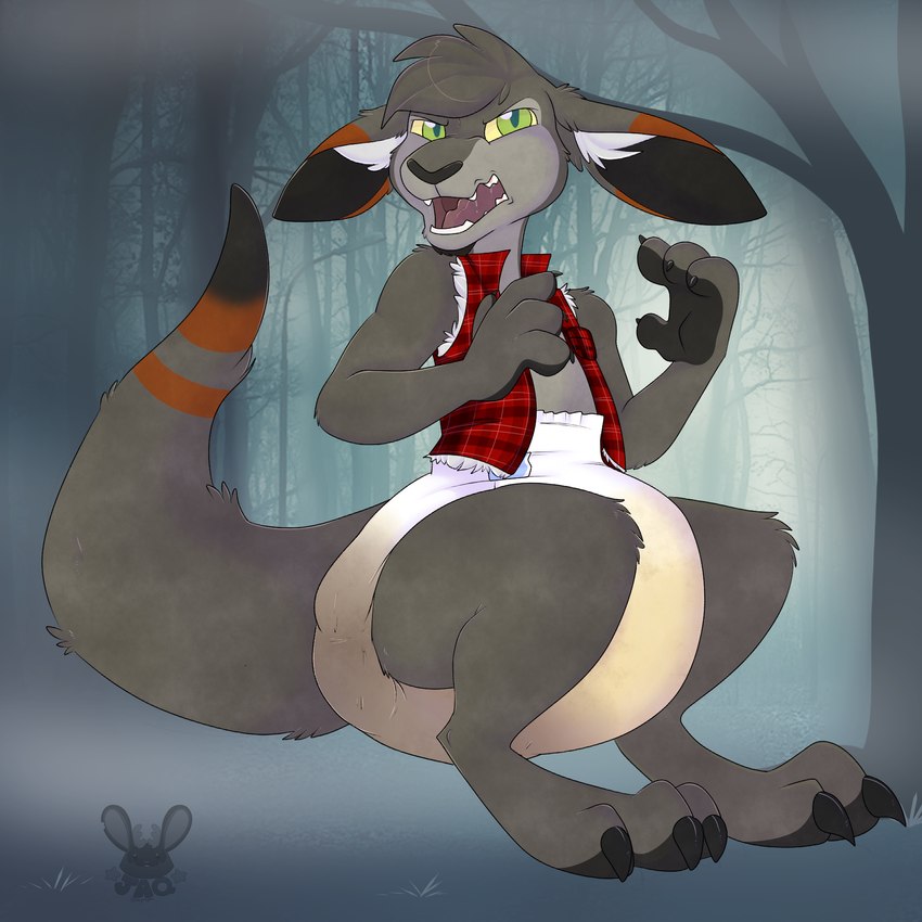 anthro bodily_fluids clothing diaper feces genital_fluids jacket male pivoted_ears red_clothing red_jacket red_topwear soiled_diaper soiling solo topwear unclean_diaper urine used_diaper wet_diaper wetting heyitsjaq forza_(progasus) kangaroo macropod mammal marsupial 1:1 hi_res