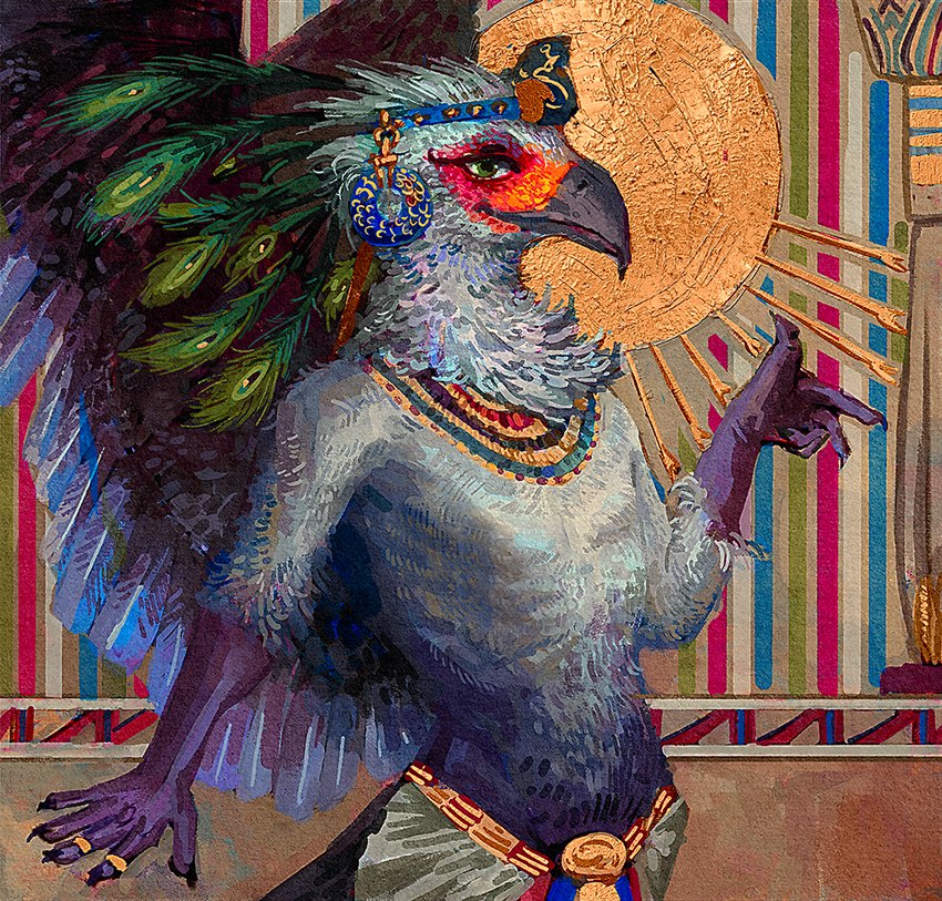 anthro clothed clothing detailed_background headdress headgear headwear jewelry looking_at_viewer male necklace ring smile solo topless sigmaquack accipitriform avian bird secretary_bird painting_(artwork) traditional_media_(artwork)