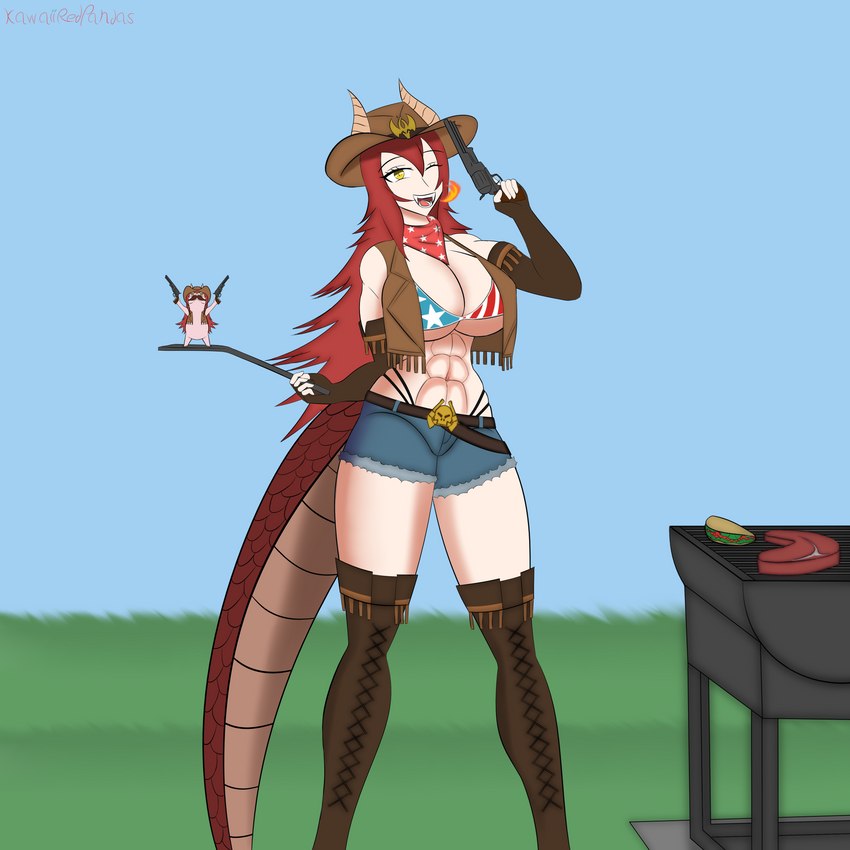 abs american_flag_bikini armwear bad_trigger_discipline beef big_breasts bikini bikini_top biped bipedal_feral boots bottomwear breasts clothed clothing cowboy_hat cowboy_hat_only cutoffs daisy_dukes day denim denim_bottomwear denim_clothing dragon_horn dragon_tail dual_wielding duo elbow_gloves female feral fingerless_gloves flag_bikini food footwear front_view fully_clothed gloves grass grill grilling gun hair handgun handwear hat headgear headwear holding_gun holding_handgun holding_object holding_ranged_weapon holding_revolver holding_spatula holding_tool holding_weapon horn hotpants kerchief legwear long_hair looking_at_viewer meat mostly_nude muscular muscular_female neckerchief neckwear one_eye_closed open_mouth open_smile outside plant ranged_weapon red_hair revolver shoes shorts sky smile spatula standing steak swimwear taco tail thigh_boots thigh_highs tools topwear two-piece_swimsuit vest weapon wink yellow_eyes kawaiiredpandas mythology vtuber gecko_(zentreya) zentreya animal_humanoid dragon dragon_humanoid gecko horned_humanoid humanoid lizard mythological_creature mythological_scalie reptile scalie tailed_humanoid 1:1 absurd_res hi_res portrait signature three-quarter_portrait