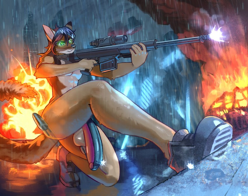 anthro armor balls boots bulletproof clothed clothing explosion fire footwear futuristic_city genitals gun gunfire male nude partially_clothed public raining ranged_weapon rifle science_fiction shoes shooting sniper_rifle solo thong thong_only topless unconvincing_armor underwear underwear_only weapon nolansnsfw canid canine canis jackal mammal absurd_res hi_res