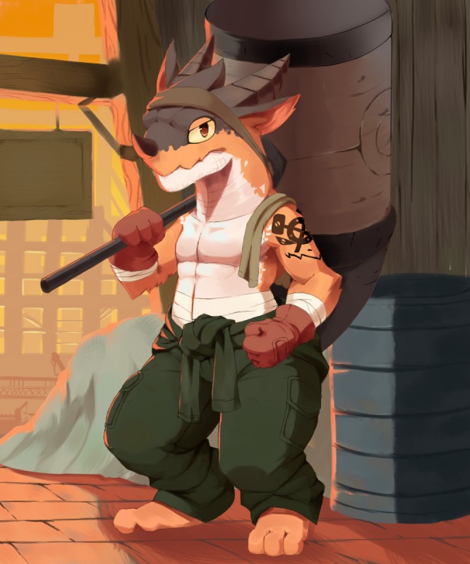 anthro arm_wraps barefoot belly_wraps biped clothed clothing digitigrade feet fist gloves hammer handwear holding_object holding_weapon horn kemono kerchief male overalls oversized_weapon solo standing tattoo tools topless towel weapon wraps young young_anthro moki_(artist) mythology dragon mythological_creature mythological_scalie scalie 5:6 hi_res