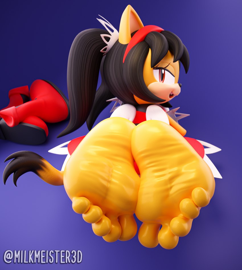 5_toes anthro barefoot big_feet feet female foot_fetish foot_focus fur humanoid_feet looking_at_viewer looking_back looking_back_at_viewer lying on_front plantigrade shoes_removed soles solo toes wrinkled_feet wrinkles yellow_body yellow_fur milkmeister3d sega sonic_the_fighters sonic_the_hedgehog_(series) honey_the_cat domestic_cat felid feline felis human mammal 2023 3d_(artwork) absurd_res digital_media_(artwork) hi_res