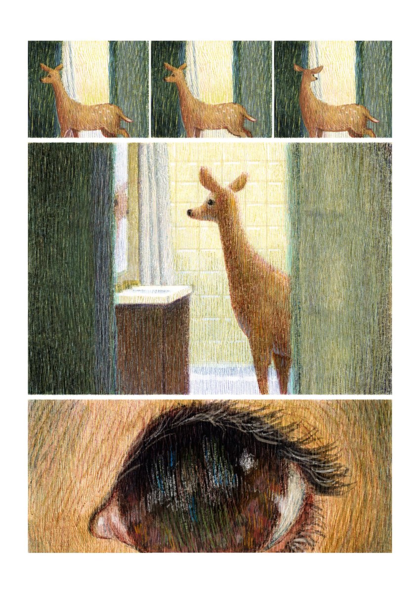 ambiguous_gender bathroom feral inside looking_at_reflection solo hsiangarts deer mammal absurd_res comic hi_res traditional_media_(artwork)