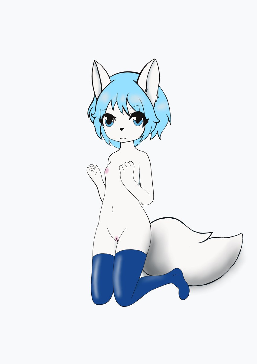 anthro blue_hair breasts female fur hair restraints small_breasts stocks white_body white_fur wolfychu moonflower absurd_res hi_res