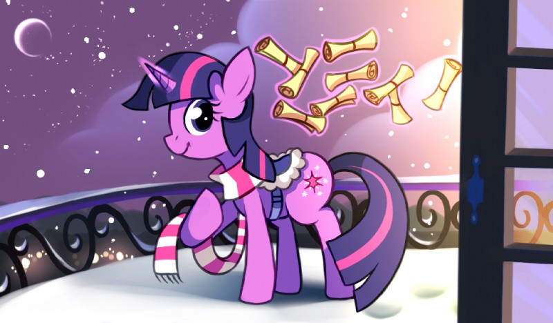 balcony cloud cutie_mark fashion_saddle female feral fur hair holidays horn letter levitation magic moon multicolored_hair night outside paper purple_body purple_eyes purple_fur purple_hair quadruped saddle scarf sky snow solo star starry_sky tail two_tone_hair karzahnii christmas friendship_is_magic hasbro my_little_pony mythology twilight_sparkle_(mlp) equid equine mammal mythological_creature mythological_equine unicorn