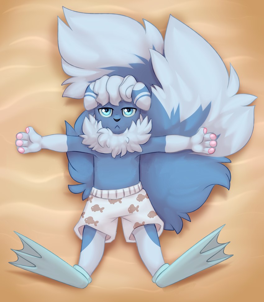 anthro beach bottomwear clothing diving flippers male scuba seaside shorts solo swimming swimming_trunks swimwear kitsune2000 nintendo pokemon generation_6_pokemon meowstic pokemon_(species) absurd_res hi_res