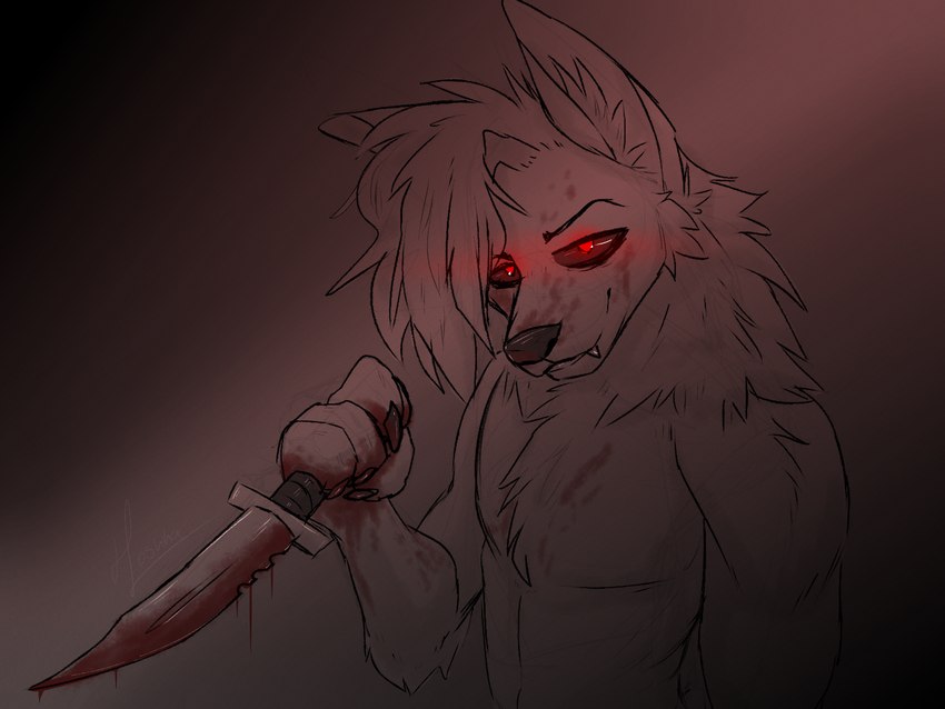 anthro blood blood_on_hand blood_splatter bodily_fluids claws closed_smile fangs fingers fur hair holding_object hoshka knife looking_at_viewer male mouth_closed nude nude_male red_eyes red_glow simple_background smile teeth weapon fluffy_hypocrite canid canine mammal 4:3 bust_portrait digital_drawing_(artwork) digital_media_(artwork) hi_res portrait sketch