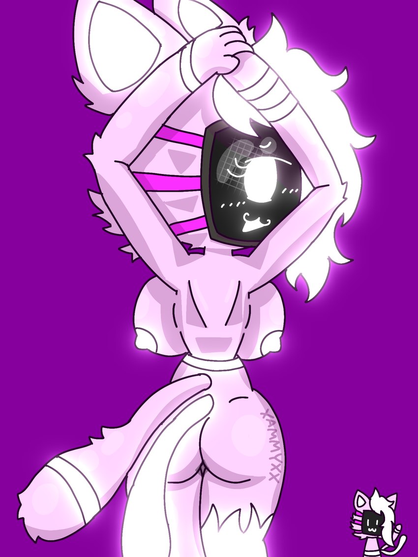 anthro blush breasts butt female fur glowing glowing_body glowing_eyes glowing_hair glowing_nipples hair looking_at_viewer machine mask multicolored_body multicolored_fur nipples nude pink_body pink_fur pose purple_background screen screen_face simple_background standing white_body white_eyes white_fur white_hair xammyxx android felid feline mammal robot 2025 3:4 hi_res