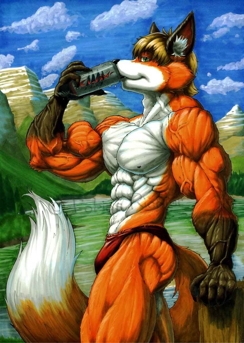 5_fingers abs anthro beverage beverage_can biceps big_chest big_muscles black_claws black_nose broad_shoulders brown_body brown_fur brown_hair bulge butt butt_muscles cheek_tuft claws clothed clothing cloud condensation day deltoids dipstick_tail drinking energy_drink facial_tuft finger_claws fingers fluffy fluffy_tail forearm_muscles fur gloves_(marking) grass green_eyes hair hand_on_surface hill huge_muscles inner_ear_fluff liquid looking_at_viewer male markings multicolored_body multicolored_fur muscular nature nipples obliques orange_body orange_fur outside pecs plant pupils quads rock_formation serratus sharp_teeth side_eye side_view sky slit_pupils solo speedo speedo_only standing striated_muscles swimwear tail tail_markings teeth thick_thighs tight_clothing topless trapezius tree triceps tuft vascular veiny_arms veiny_hands white_body white_fur djdarkfox andre_(newberrychucks) canid canine fox mammal red_fox true_fox 2012 artist_name hi_res portrait shaded three-quarter_portrait traditional_media_(artwork) watermark