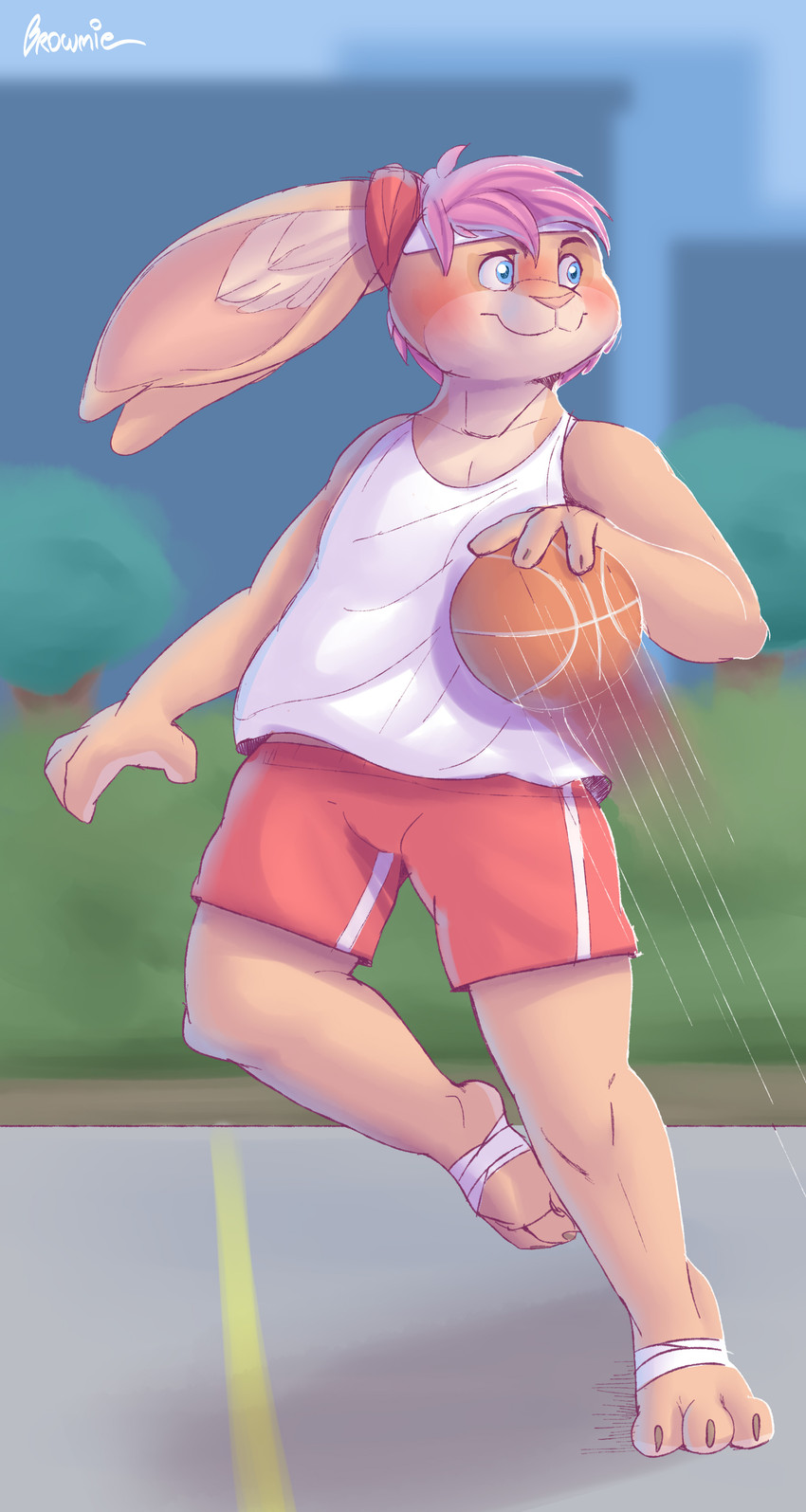 anthro ball bandage basketball basketball_(ball) big_ears blue_eyes bodily_fluids bottomwear clothed clothing hair male pink_hair shirt shorts smile sport sweat topwear brownieclop tinval lagomorph leporid mammal rabbit absurd_res digital_media_(artwork) hi_res