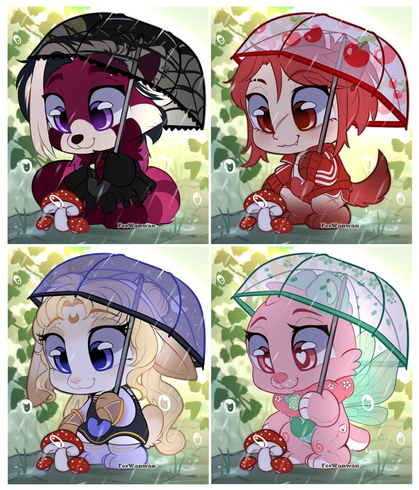 alternative_fashion anthro blonde_hair chibi crescent_moon facial_scar female female_anthro female_humanoid fungus fur goth gothic_lolita hair holding_object holding_umbrella insect_wings j-fashion lolita_(fashion) looking_down moon mushroom outside paws pink_body pink_fur plant plushie purple_eyes raining red_hair scar solo umbrella wings ferwanwan sailor_moon_(series) ailurid animal_humanoid animate_inanimate bear fairy humanoid lagomorph leporid living_plushie mammal rabbit red_panda 2022 hi_res multiple_images