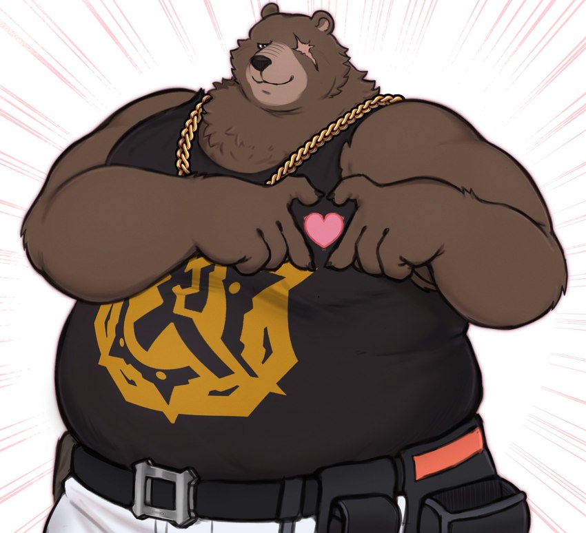 anthro belly belt brown_body brown_fur clothing facial_scar fur gesture heart_gesture heart_symbol male missing_eye overweight scar shirt smile solo standing tank_top topwear shyybuchi mihoyo zenless_zone_zero ben_bigger bear mammal hi_res