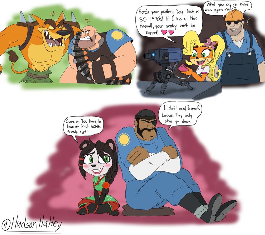 engineer, demoman, heavy, coco bandicoot, tiny tiger, and etc (crash bandicoot (series) and etc) created by hudsonhatley