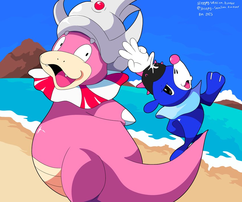 ambiguous_gender anthro beach black_body black_eyes blue_body fangs feral group looking_at_another looking_back markings open_mouth pink_body sea tail teeth tongue trio water whisker_markings sleepy_sealion nintendo pokemon generation_2_pokemon generation_7_pokemon pokemon_(species) popplio pyukumuku slowking 2025 6:5 dated hi_res signature