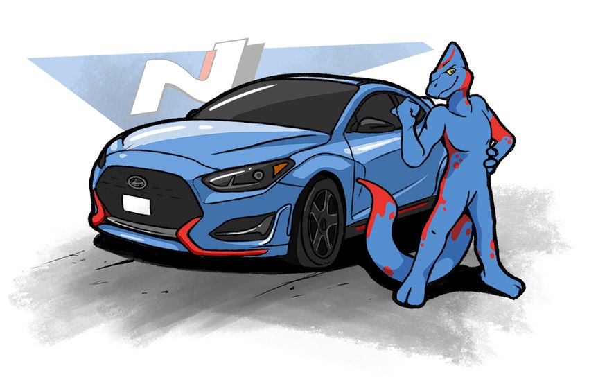 ambiguous_gender anthro blue_body blue_car blue_skin car featureless_crotch gesture hand_on_hip long_tail looking_at_viewer multicolored_body multicolored_skin nude red_body red_skin smile smiling_at_viewer smirk smirking_at_viewer solo standing tail vehicle the_raf hyundai hyundai_veloster_n shimmering_spectrum sovrim_terraquian amphibian chameleon hybrid lizard reptile salamander scalie 2022 digital_media_(artwork) nonbinary_(lore)