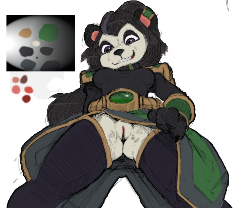 anthro breasts clothed clothing clothing_aside female fur genitals looking_down low-angle_view no_underwear perineum pussy simple_background solo white_background worm's-eye_view smekbo blizzard_entertainment hearthstone warcraft aya_blackpaw bear mammal pandaren colored