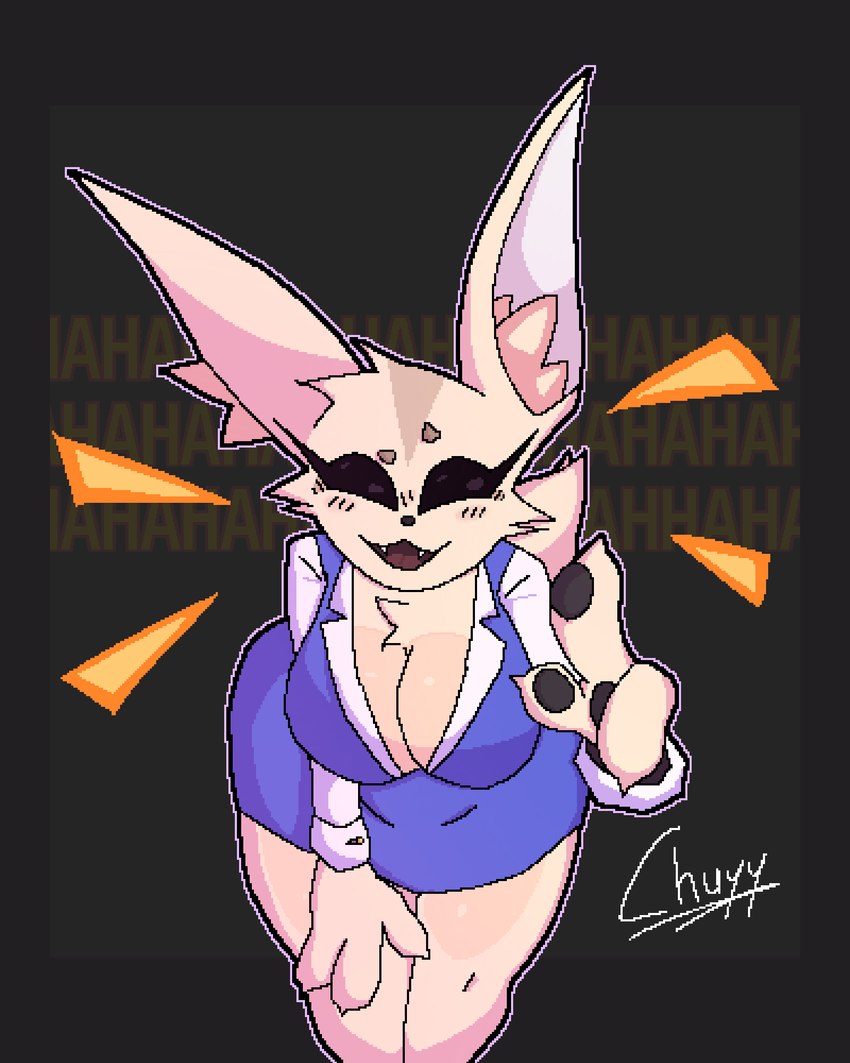 anthro big_breasts black_eyes black_sclera blue_clothing blue_dress breasts brown_body brown_fur cheek_tuft clothing dress facial_tuft female fur gesture hand_gesture huge_breasts inner_ear_fluff pointing pointing_at_viewer solo tuft chuyy aggretsuko sanrio fenneko canid canine fennec_fox fox mammal true_fox 2024 4:5 digital_media_(artwork) hi_res pixel_(artwork) signature