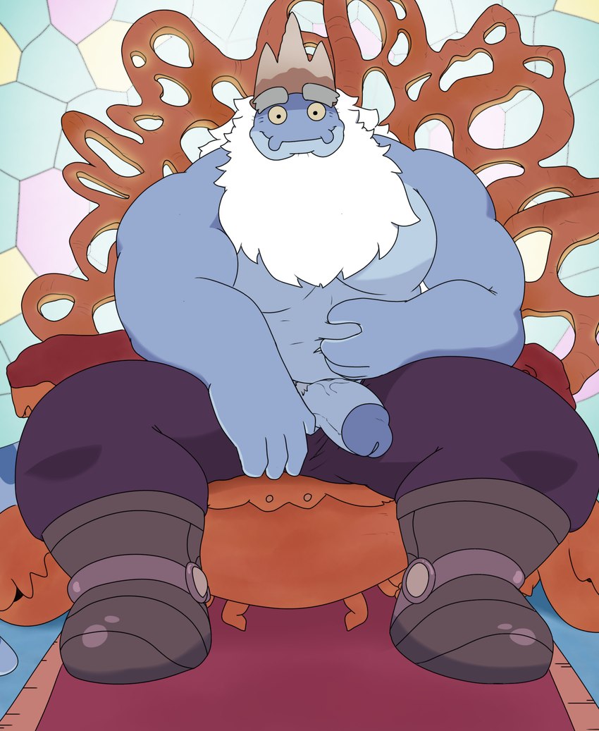 anthro beard big_penis blue_body blue_skin crown eyebrows facial_hair genitals headgear huge_penis humanoid_genitalia humanoid_penis looking_at_viewer male muscular muscular_anthro muscular_male pecs penis presenting presenting_penis sitting_on_throne smile smiling_at_viewer solo thick_eyebrows white_beard white_facial_hair cywolf49 amphibia_(series) disney king_andrias_leviathan amphibian newt salamander hi_res