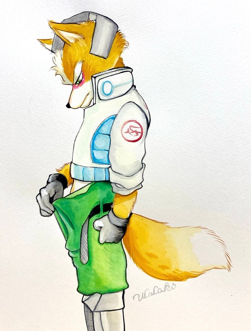 anthro belt blush blushing_profusely boots bottomwear clothed clothing fluffy fluffy_tail footwear gloves handwear headgear implied_penis inadequate jacket male open_belt open_bottomwear open_clothing open_pants pants sad shoes simple_background size_shaming solo tail topwear white_background ulala_ko nintendo star_fox fox_mccloud canid canine fox mammal hi_res signature