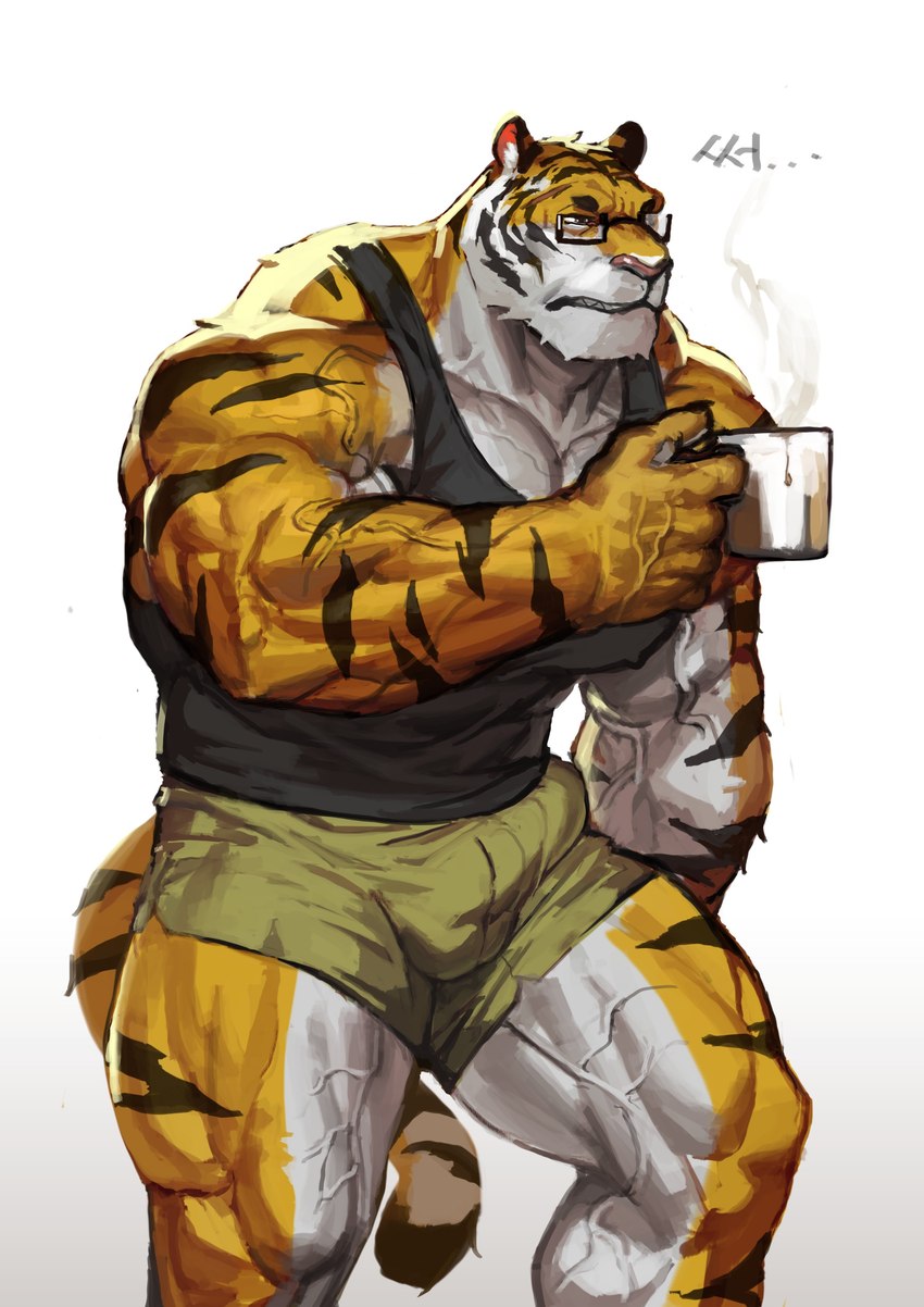 anthro balls_outline beverage bulge coffee coffee_mug detailed_bulge eyewear genital_outline glasses male muscular muscular_anthro muscular_male penis_outline solo striped_body stripes vein veiny_muscles traver009 coach_ho felid mammal pantherine tiger absurd_res hi_res