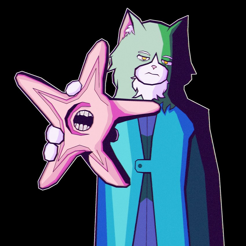 anthro fur green_body green_fur gushers holding_animal humor male hot_knives oro_(hot_knives) asterozoan domestic_cat echinoderm felid feline felis maine_coon mammal marine siberian starfish hi_res meme