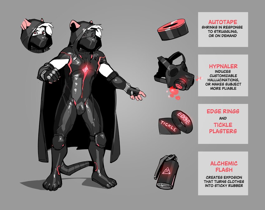 anthro athletic athletic_anthro athletic_male biped black_cape black_clothing black_fingerless_gloves black_gloves black_handwear black_hood bulge cape clothing detailed_bulge fingerless_gloves gas_mask glistening glistening_clothing gloves handwear male mask solo standing text grumpy_gray_guy mammal mouse murid murine rodent 2024 english_text hi_res