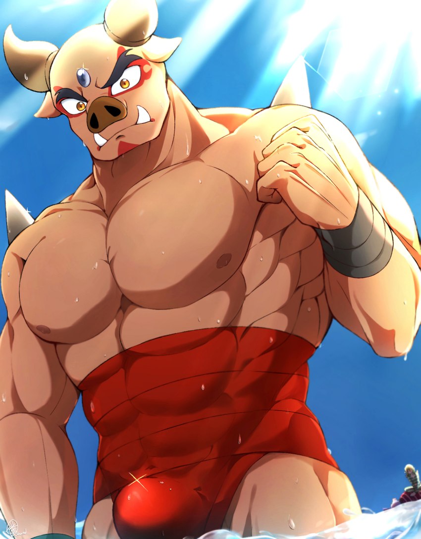 abs amber_eyes bulge clothed clothing fur horn low-angle_view male muscular muscular_male nipples obliques partially_clothed pecs sea solo sun tan_body tan_fur tusks water saund_r_pu pretty_cure soaring_sky!_pretty_cure minoton_(pretty_cure) mammal hi_res