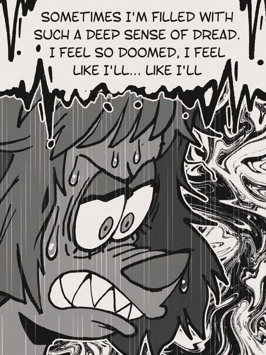 angry anthro anxiety bodily_fluids depression female frustrated sharp_teeth solo sweat teeth text galactabee nikki_(galactabee) canid canine canis domestic_dog mammal 3:4 comic english_text greyscale hi_res monochrome