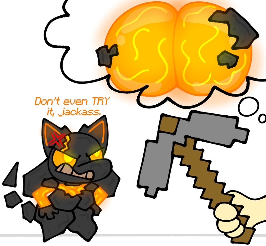 angry anthro black_body daydream female fire lava orange_eyes pickaxe rock short_stack solo thought_bubble skeletonhearts microsoft minecraft mojang nintendo pokemon xbox_game_studios roxi_(skeletonhearts) elemental_creature fire_creature generation_4_pokemon lava_creature mineral_fauna pokemon_(species) riolu rock_creature hi_res