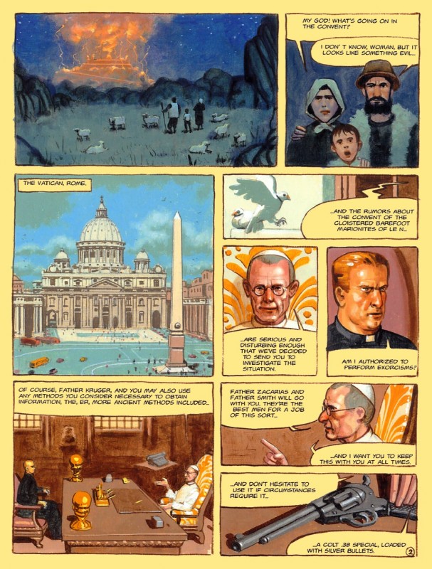 catholic christianity clothing dialogue female group gun handgun male not_furry pope priest ranged_weapon religion religious_clothing revolver speech_bubble text vatican_city weapon noe_barreiro convent_of_hell eurotica avian bird bovid caprine columbid domestic_sheep human mammal sheep 1997 comic english_text hi_res traditional_media_(artwork)