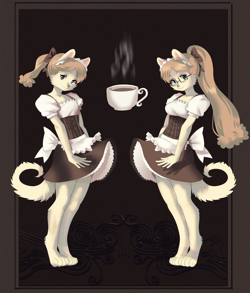 anthro beverage clothed clothing coffee detailed_background duo eyewear female fur glasses hair long_hair looking_at_viewer maid_uniform male smile uniform dogscribss nendoggo mem nen canid canine canis domestic_dog mammal pomeranian spitz digital_media_(artwork) hi_res