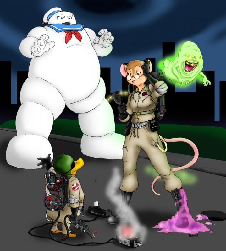 building clothing cloud costume eye_patch eyewear female group male manhole purple_slime slime tail denike ghostbusters stay_puft slimer stay_puft_marshmallow_man anatid anseriform avian bird duck ghost mammal mouse murid murine rodent spirit undead digital_media_(artwork) hi_res