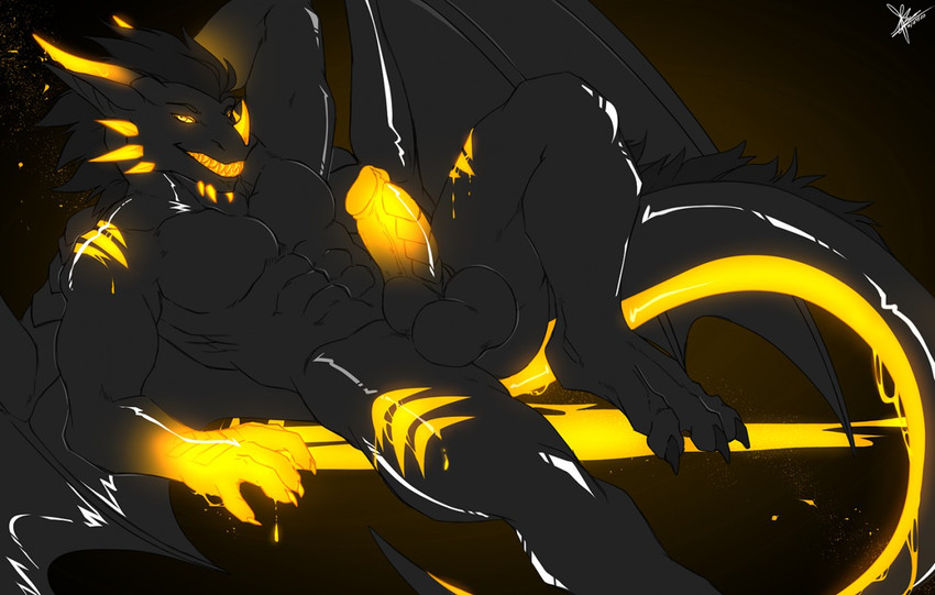 anthro balls big_balls big_penis black_background black_knot black_penis genitals glans glowing glowing_eyes glowing_genitalia glowing_glans glowing_hands glowing_horn glowing_markings glowing_penis glowing_tail glowing_teeth grin horn knot lying male markings muscular muscular_anthro muscular_male on_back penis pose ribbed_penis simple_background smile solo tail teeth yellow_penis hellomyboi1028 mythology zephyr_(rubberbutt) dragon fish goo_creature hybrid marine mythological_creature mythological_scalie scalie shark 2020 dark_theme