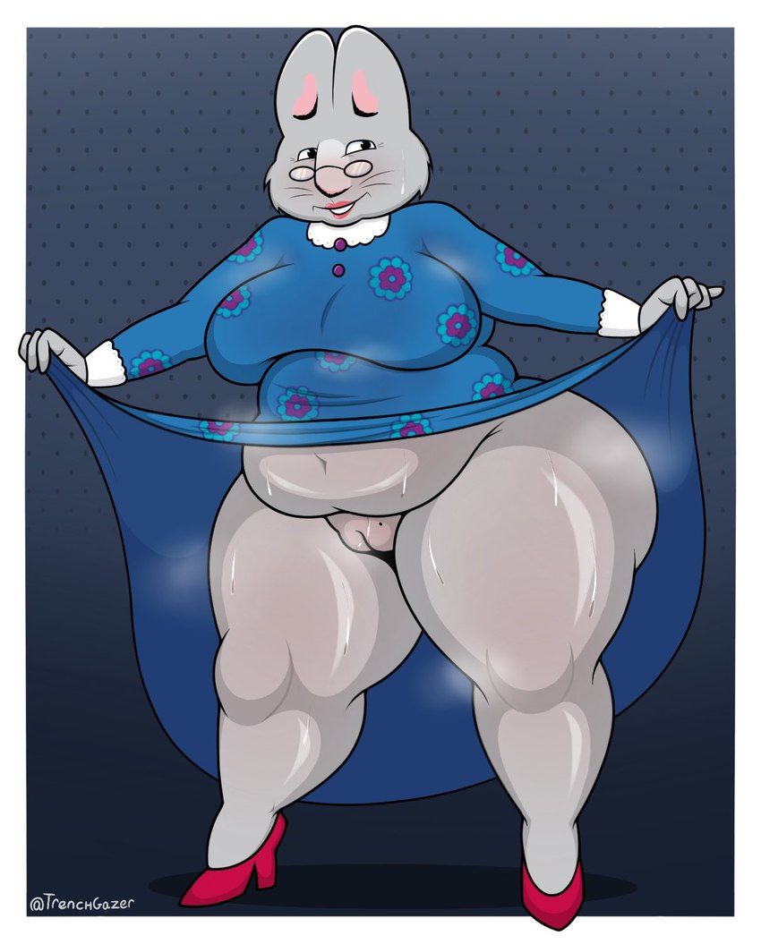 anthro blue_clothing blue_dress bodily_fluids bottomless bottomless_anthro bottomless_female clothed clothing clothing_lift dress dress_lift elderly elderly_anthro elderly_female eyewear female flashing flashing_pussy footwear fur genitals glasses grey_body grey_fur high_heels lipstick looking_at_viewer makeup mature_female navel obese overweight pussy shoes slightly_chubby slightly_chubby_anthro slightly_chubby_female smile smiling_at_viewer solo sweat sweatdrop thick_thighs wide_hips trenchgazer max_and_ruby grandma_(max_and_ruby) lagomorph leporid mammal rabbit hi_res signature