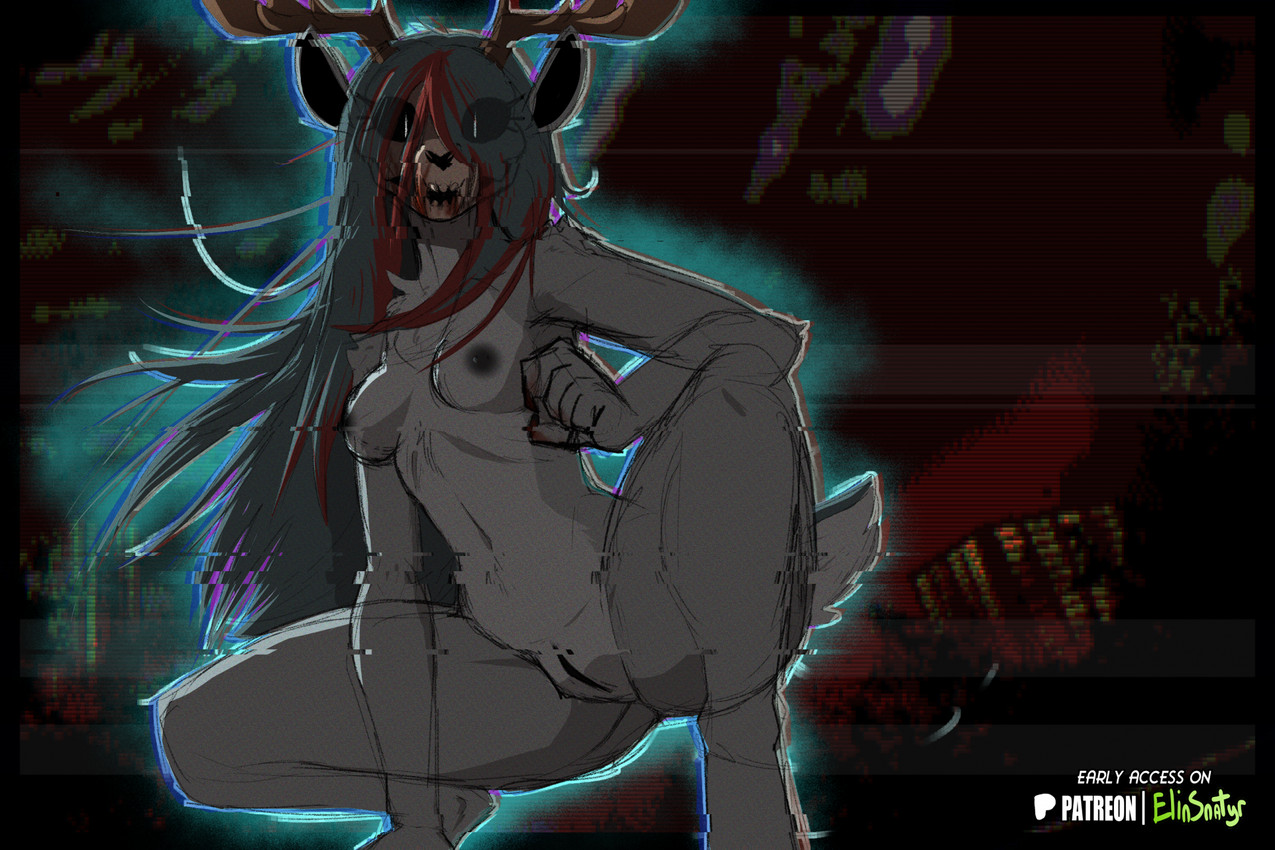 anthro antlers areola biped blood bodily_fluids breasts countershade_torso countershading female fingers front_view fur genitals hair horn looking_at_viewer nipples nude nude_anthro nude_female solo tail teeth text vulva spiritelin mammal 2026 digital_drawing_(artwork) digital_media_(artwork) english_text hi_res