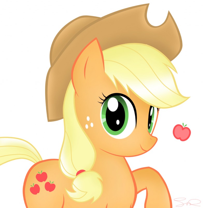 apple blonde_hair clothing cutie_mark female food freckles fruit fur green_eyes hair hat headgear headwear looking_at_viewer orange_body orange_fur plant simple_background solo white_background steffy-beff friendship_is_magic hasbro my_little_pony applejack_(mlp) earth_pony equid equine horse mammal pony hi_res