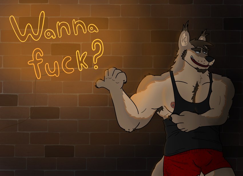 anthro armpit_hair biceps black_clothing body_hair bottomwear brown_body brown_fur bulge chest_hair chest_tuft claws clothed clothing cocky detailed_background facial_hair flirting fur gesture goatee grin hairy hand_gesture male mature_anthro mature_male muscular muscular_anthro muscular_male neon neon_lights nipple_piercing nipple_slip nipples orange_body orange_fur pawpads pecs piercing pink_nipples pointing shirt shorts smile smug solo tan_body tan_fur tank_top teeth text topwear tuft kodiff_wolff travis_whiler canid canine canis mammal wolf digital_drawing_(artwork) digital_media_(artwork) hi_res