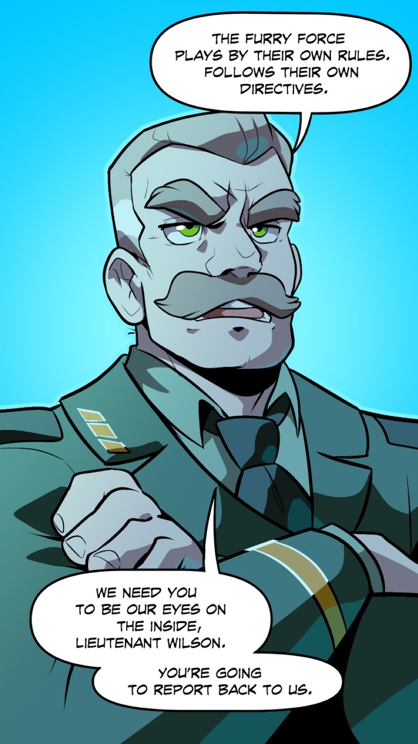 clothing crossed_arms dialogue facial_hair green_clothing green_jacket green_topwear jacket male mature_human mature_male military military_uniform mustache necktie not_furry solo speech_bubble text topwear uniform komoroshi_(artist) collegehumor furry_force general_clarence_(furry_force) human mammal 2019 comic english_text hi_res