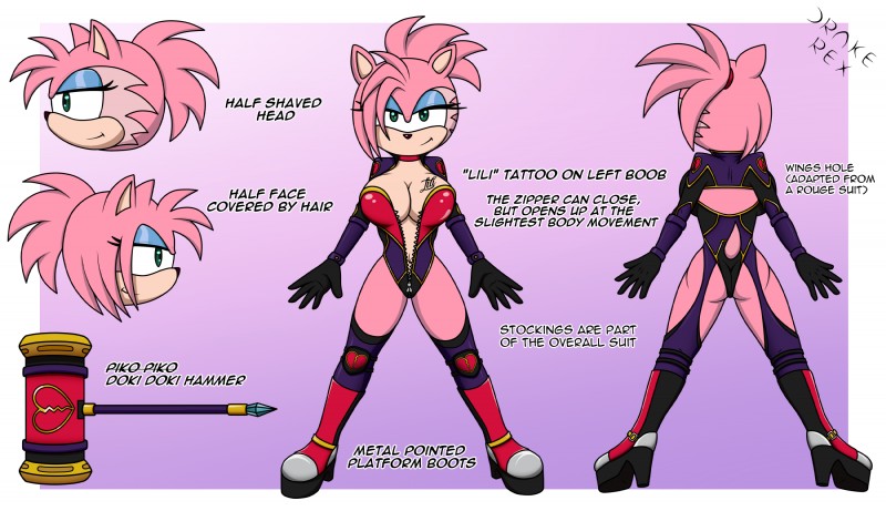 anthro anthrofied big_breasts boots breasts clothed clothing female footwear fully_clothed hammer high_heeled_boots high_heels shaved_head shoes solo tattoo text tools drake-rex sega sonic_the_hedgehog_(series) amy_rose eulipotyphlan hedgehog mammal cel_shading english_text hi_res model_sheet shaded