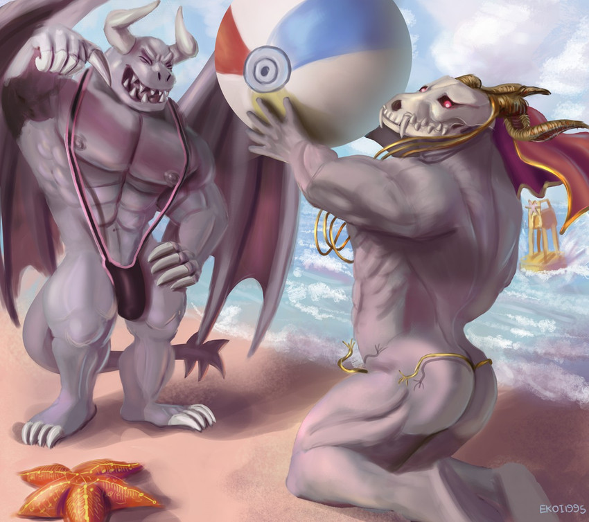 anthro ball beach beach_ball bikini_thong bone butt clothing duo feet horn inflatable male male/male muscular muscular_anthro muscular_male nipples outside pecs sea seaside skull skull_head swimwear tail thong underwear water wings ekoi1995 american_mythology indigenous_north_american_mythology mythology nintendo north_american_mythology ring_fit_adventure the_ancient_magus_bride dragaux elias_ainsworth demon dragon mythological_creature mythological_scalie scalie wendigo