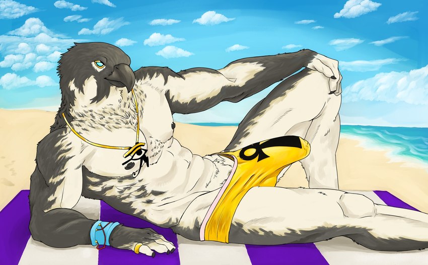 ankh anthro beach beak biped blue_eyes bulge clothed clothing detailed_bulge erection erection_under_clothing genital_outline jewelry male muscular muscular_anthro muscular_male necklace nipples non-mammal_nipples penis_outline seaside sky solo speedo swimwear midnightsultry egyptian_mythology middle_eastern_mythology mythology horus accipitrid accipitriform avian bird deity 2020 hi_res