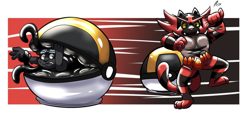 anthro ball bdsm bondage bound clothing encasement forced in_pokeball inflation latex latex_clothing latex_skinsuit male pokeball rubber_clothing skinsuit solo struggling suit tentacles tight_clothing ultra_ball panapoliz nintendo pokemon generation_7_pokemon incineroar pokemon_(species)