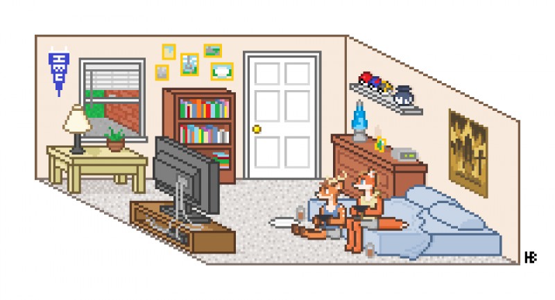 ambiguous_gender bed bedroom book duo electronics furniture great_ball inside pokeball sitting standard_pokeball television ultra_ball handlebarsprites nintendo pokemon fox_claypaw tom_cervo canid canine deer fox mammal digital_media_(artwork) pixel_(artwork)