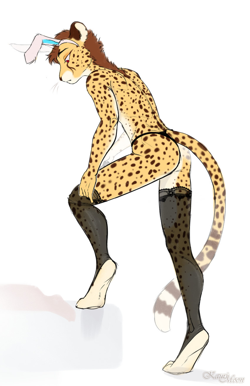 anthro brown_hair clothed clothing crossdressing hair legwear male red_eyes solo stockings topless kaurimoon cheetah felid feline mammal absurd_res hi_res